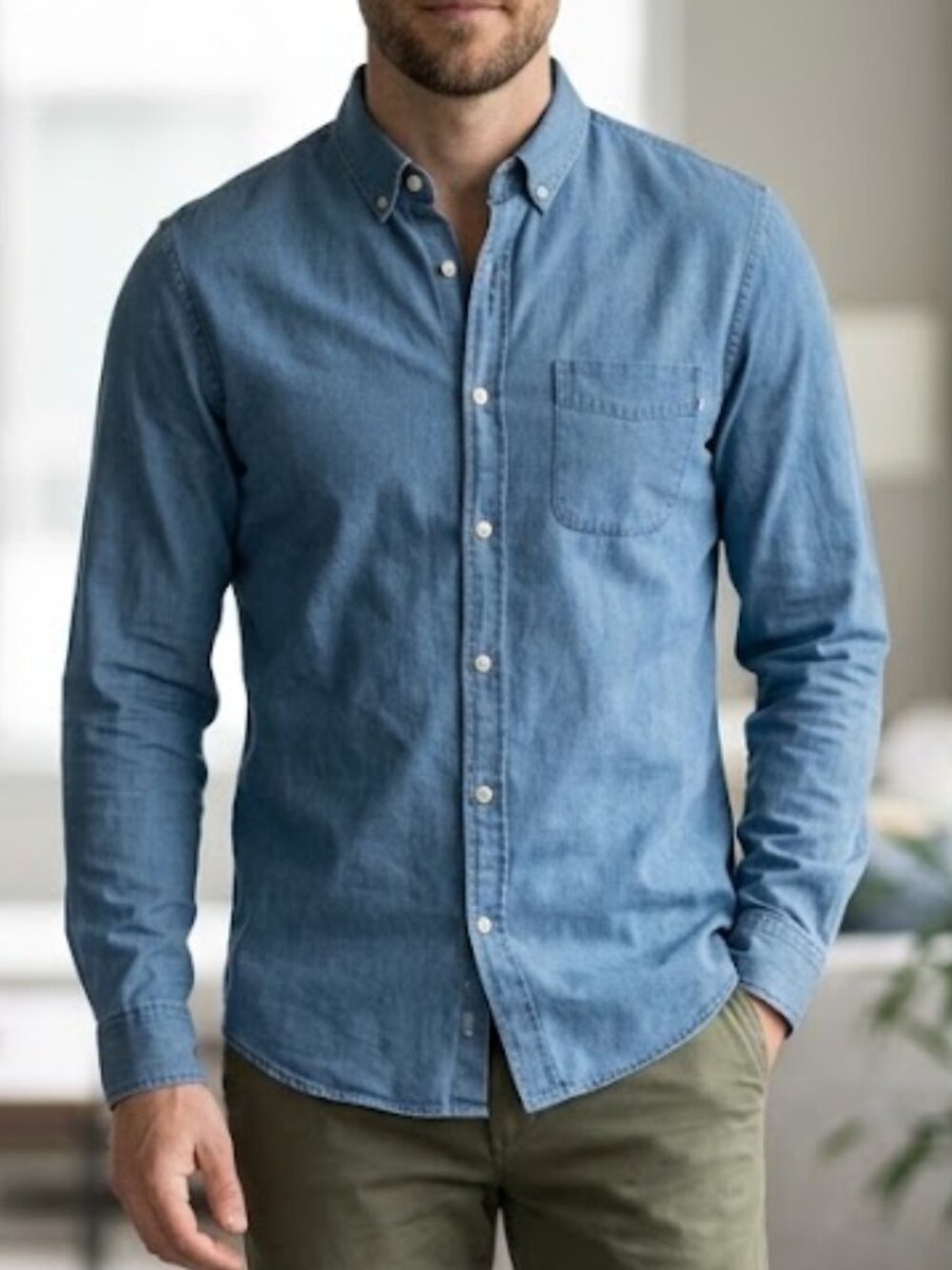 Cotton On Brunswick Slim Fit Blue Chambray Denim Shirt Men's Size Medium